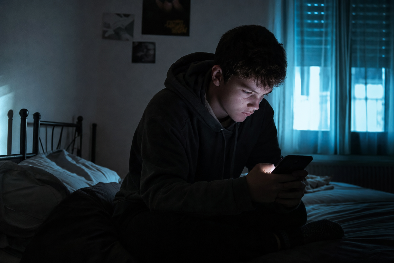 Tinédzser egyedül a szobában, telefon fényénél